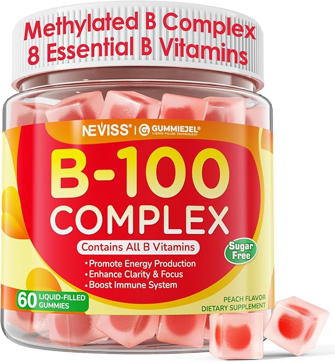 Super Vitamin B Complex Gummies - All B Vitamins Including Methyl B12 B1 B2 B3 B5 B6 Biotin Methylfolate with Vitamin C Choline Inositol PABA for Energy Brain &amp Immune Support Sugar Fr