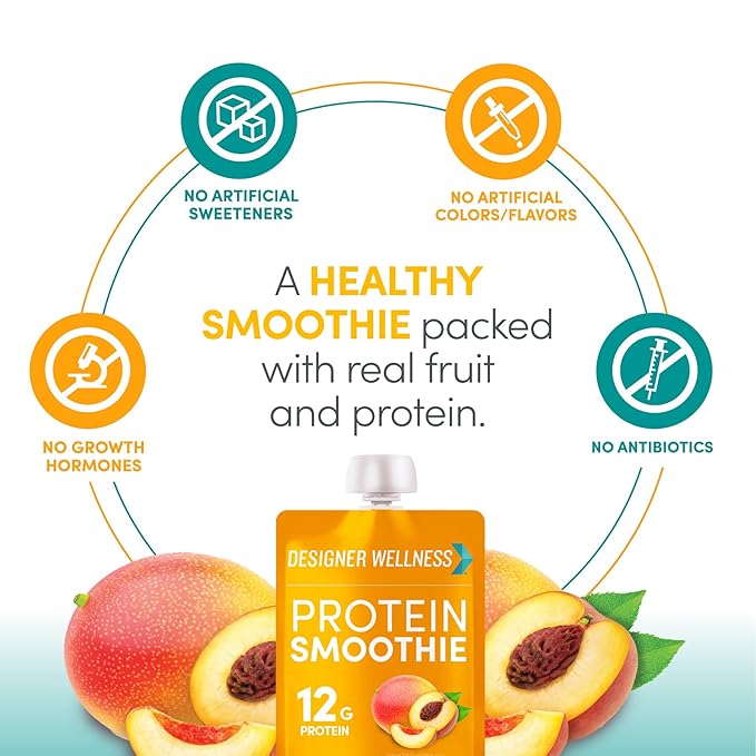 Designer Wellness Protein Smoothie Real Fruit 12g Protein Low Carb Zero Added Sugar Gluten-Free Non-GMO No Artificial Colors or Flavors Peach Mango 24 Count