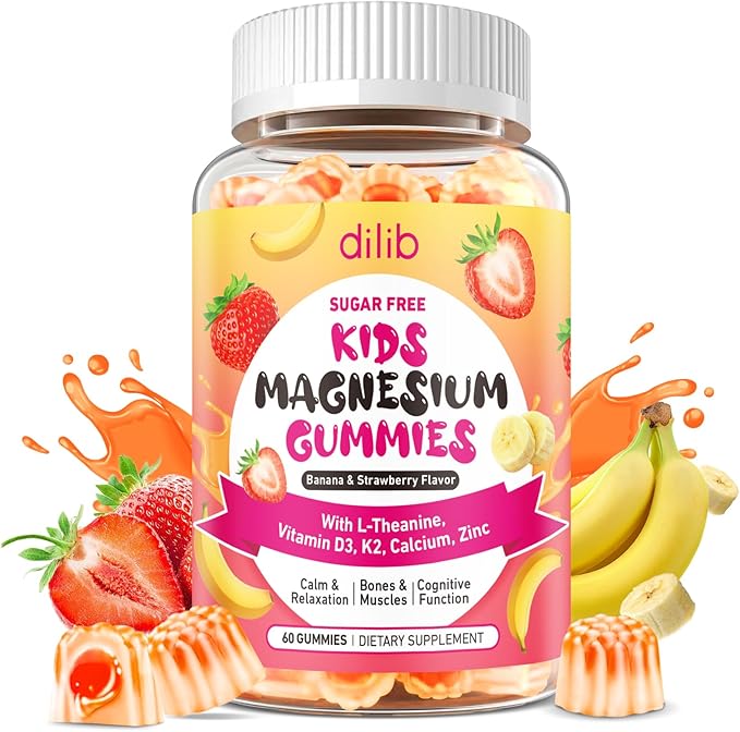 Magnesium Glycinate Gummies for Kids - with L-Theanine Ashwagandha Vitamin D3 K2 Magnesium for Kids - Sleep Calm Muscle Relaxation Cognitive Sugar Free Strawberry &amp Banana Filled Gummies 6