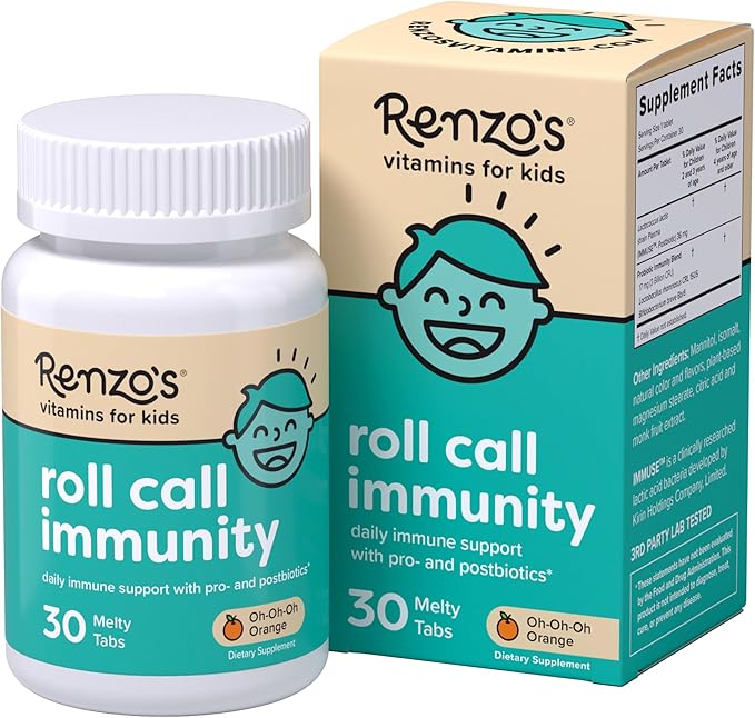 Renzo's Roll Call Immunity - Dissolvable Kids Immune Support Supplement with IMMUSE Postbiotic Sugar-Free Kids Vitamins 30 Orange-Flavored Melty Tabs
