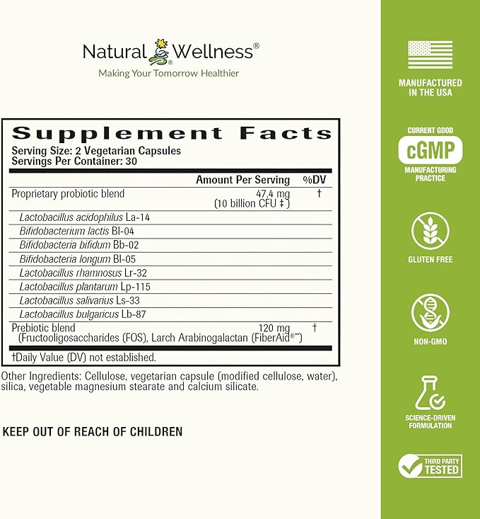 Natural Wellness Super Probiotic + Prebiotic Blend – 10 Billion CFUs with 8 Strains – Probiotics for Women &amp Men for Digestive Health Gut Balance &amp Immune Support – Non-GMO 30-Day Supply