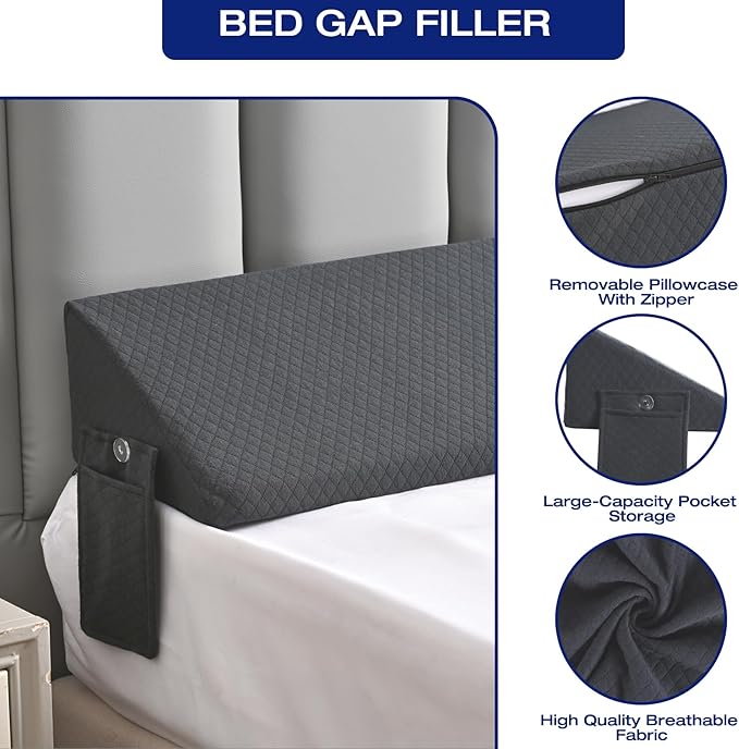King Size Bed Wedge Pillow for Bed Gap Filler/Headboard Gap White Long Triangle Edge Corner Pillows with PocketsDense FoamPrevents King Pillow/Small Stuff Drops Home Decor Beds Accessories