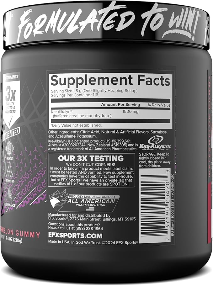 EFX Sports Kre-Alkalyn EFX Powder | pH Correct Creatine Monohydrate Powder Supplement | Strength Muscle Growth &amp Performance | 116 Servings (Watermelon Gummy)
