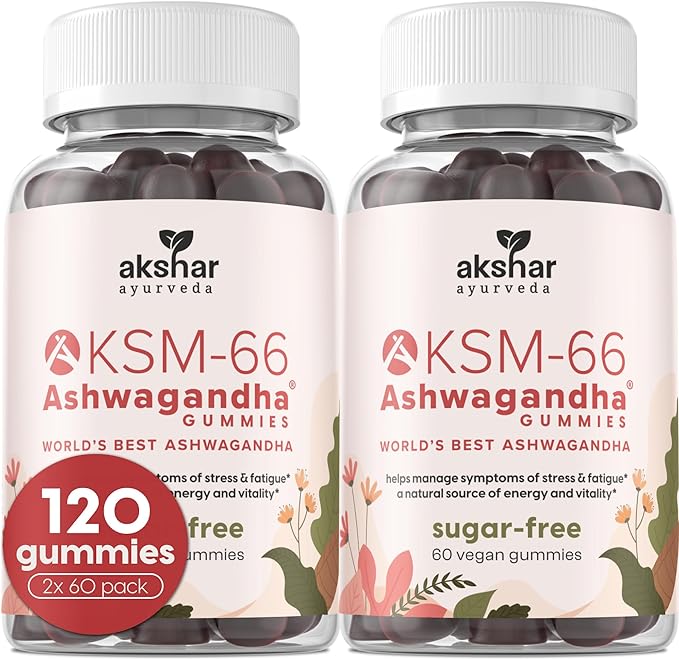 AKSHAR Ayurveda Ashwagandha KSM-66 Gummies Organic Ashwagandha Supplements for Focus Increase Energy &amp Strength Chicory Root Fiber &amp Natural Cherry Flavor (60 Count (Pack of 2))