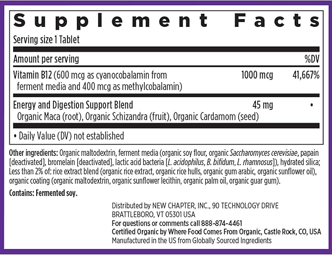 New Chapter Fermented Vitamin B12 1000 mcgUSDA OrganicDaily for Cellular Energy + Healthy Blood CellsCertified VeganGluten Free -60 Count (Pack of 2)