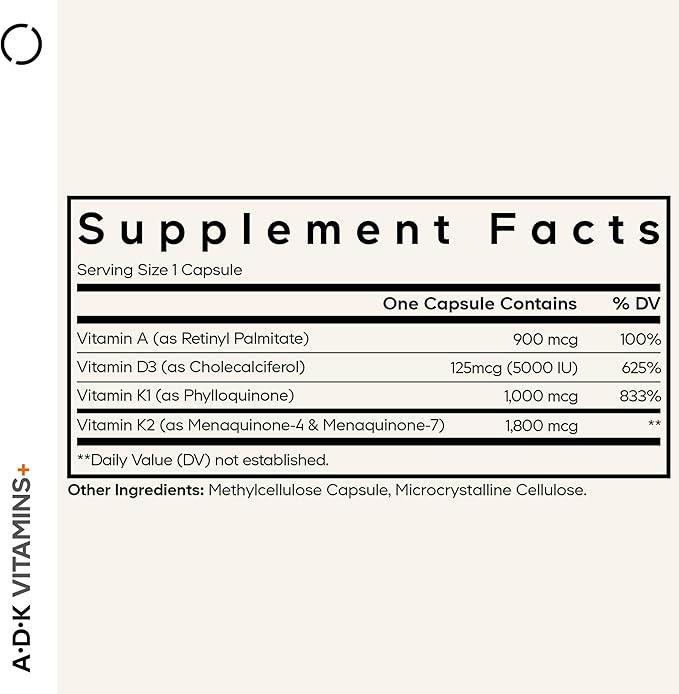 Codeage ADK Vitamins Supplement - Essential Vitamin A D3 5000 IU K1 &amp K2 (MK4 &amp MK7) - 6-Month Supply - 1 Capsule per Serving Non-GMO Gluten-Free - 180 Capsules