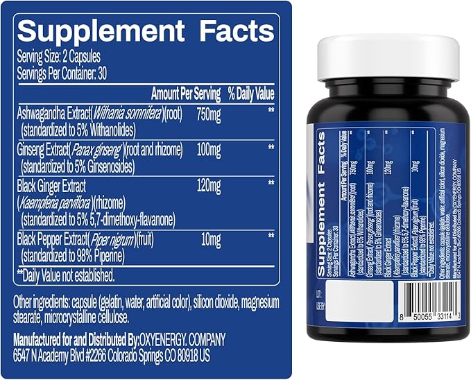 OxyEnergy Ashwagandha Capsules-750 mg Ashwagandha Extract-Stress ReliefNatural CalmMood Support &amp Energy Support-VeganNon-GMOGluten-Free-60 Counts