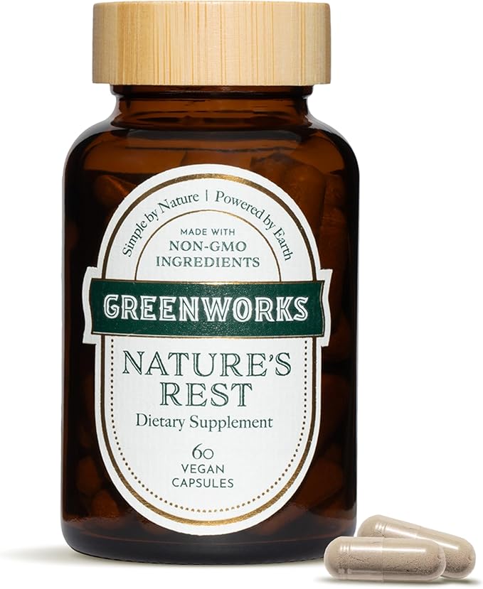 Greenworks Nature's Rest Melatonin-Free Sleep Aid Organic Herbal Blend with Ashwagandha Valerian Chamomile &amp Passionflower Non-Habit Forming Vegan Capsules for Restful Sleep 60 Count