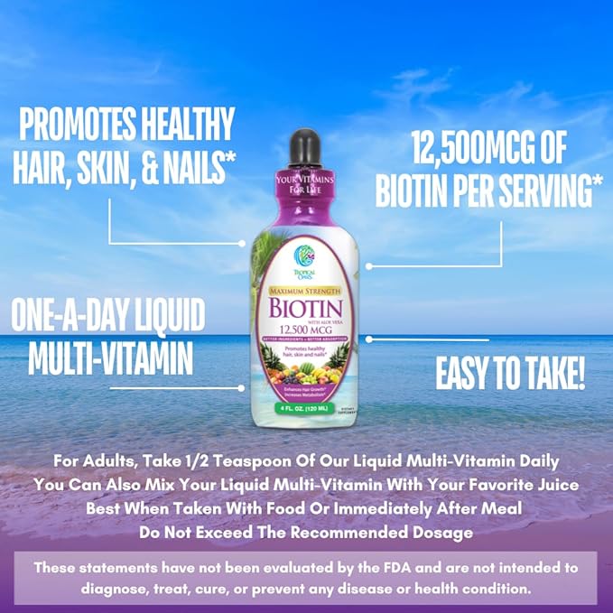 Maximum Strength Liquid Biotin Drops w/ 12500 MCG – Best Vitamins for Fast Hair Growth Reduced Hair Loss Healthy Skin &amp Strong Nails -5X More Potent Than Pills– Max Absorption Vegan– 4oz 30 S