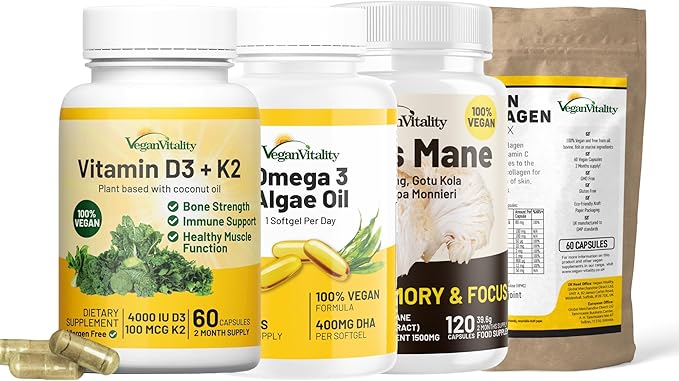 Vegan Vitality Skin &amp Brain Bundle 2 Months Supply - D3 K2 Lion's Mane Omega 3 Algae Oil and Vegan Collagen