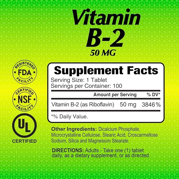 ALFA VITAMINS Vitamin B2 (Riboflavin) 50mg Supplement Supports Energy Production Skin Eyes &amp Cognitive Health Non GMO Gluten Free Dietary Supplement for Daily Health and Well-Being 100 Table