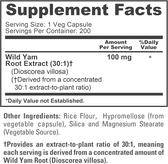 NusaPure Wild Yam Root Capsules 100 mg 200 Veg Capsules (Non-GMO Vegan)