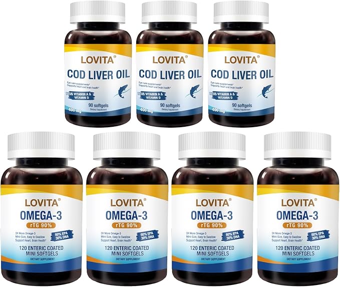 LOVITA 7-Piece Family Bundle - 4 Fish Oil &amp 3 Norwegian Cod Liver Oil Burpless Softgels for Heart &amp Vision (7 Pc Set)