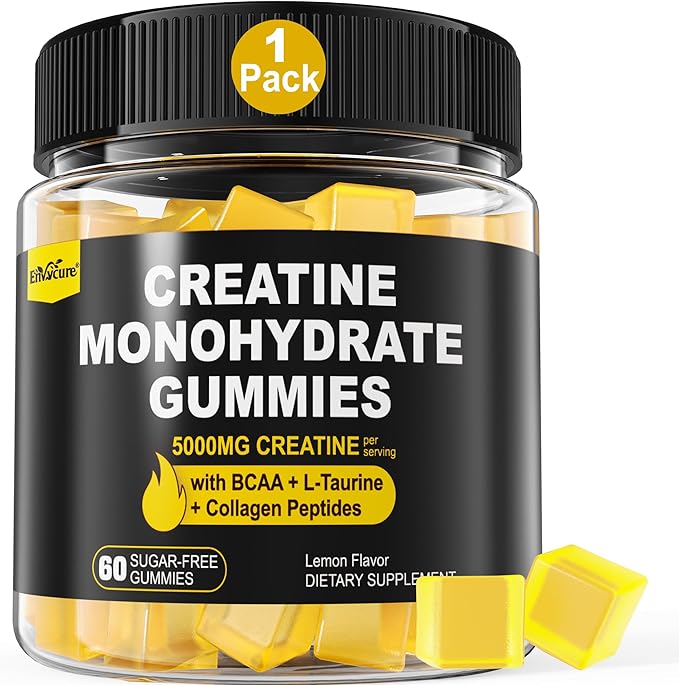 Creatine Monohydrate Gummies for Men &amp Women - with BCAA Collagen Peptides L-Taurine Vitamin B12 D3 Creatine Monohydrate 5000mg (5g) Per Serving Lemon Flavor Sugar Free 1 Pack