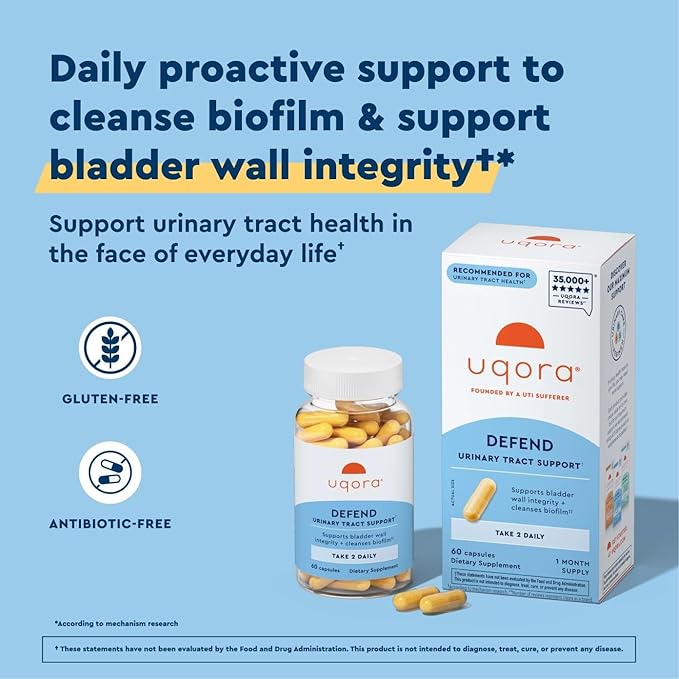 Uqora Defend - Urinary Tract Health Supplement - Support Bladder Health &amp Cleanse Biofilm* with D-Mannose Green Tea Extract Turmeric Extract &amp More - Gluten-Free - 60 Capsules (30-Day Supply