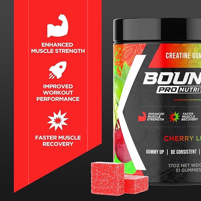 Bounce Pro Creatine Monohydrate Gummies for Men &amp Women Low Calorie 6G of Creatine per Serving Vegan Anti-Melting Gluten-Free Non-GMO 2g of Creatine per Gummy (30ct Cherry Lime)
