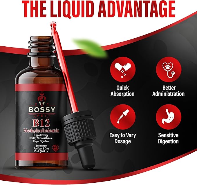 Vitamin B12 for Dogs &amp Cats - Liquid Supplement for Dogs &amp Cats - Vet-Formulated Methylcobalamin Drops - Supports Energy Nerve Function &amp Appetite - Fast-Absorption- Easy to Administer.