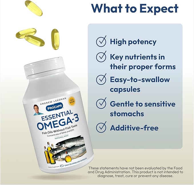 ANDREW LESSMAN Essential Omega-3 Mint - 180 Softgels - Ultra-Pure High Potency Omega-3 Oils. High DHA No Stomach Upset No Contaminants No Mercury. Small Easy to Swallow Softgels