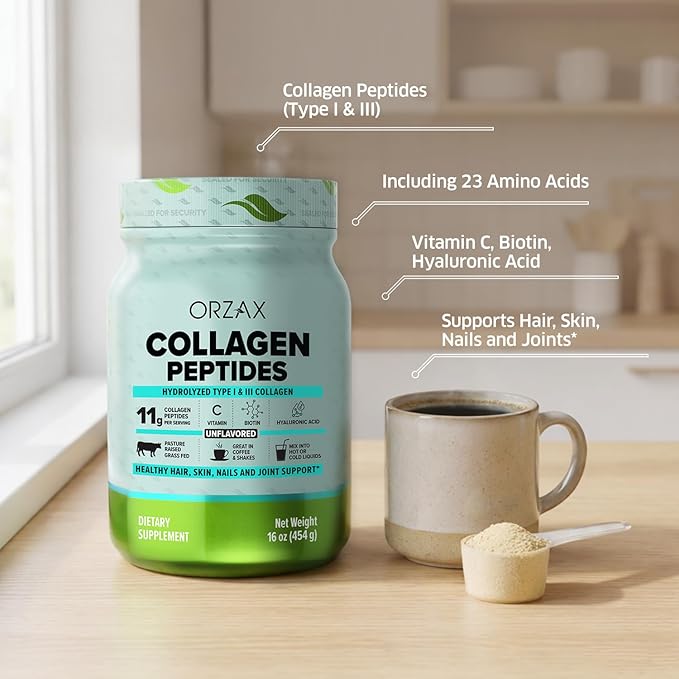 ORZAX Collagen Peptides Powder - 11 g Collagen Type I &amp III Biotin &amp Hyaluronic Acid 16 oz (Unflavored)