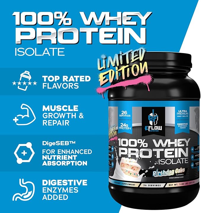 eFlow Nutrition 100% Whey Protein Isolate - Lactose-Free Digestive Enzymes Added Low Carb Post Workout Shake Fast Digesting for Optimal Muscle Recovery - Birthday Cake (26 Servings)