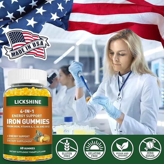 2 Pack Vegan 100MG Iron Supplement Gummies for Women &amp Men - with Vitamin C A B for Adults &amp Kids - Energy Support for Iron Deficiency Anemia - Pineapple Flavor (120 Ct)