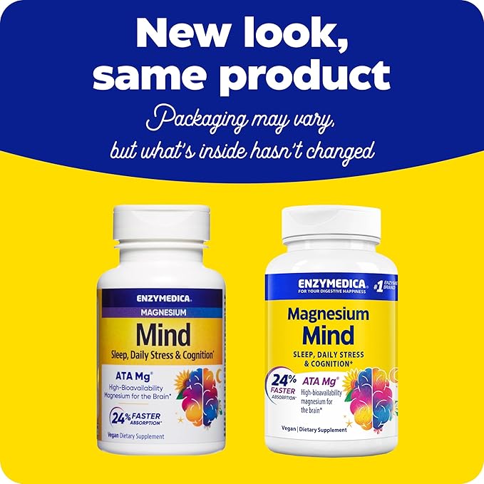 Enzymedica Magnesium Mind with ATA Mg 24% Faster Absorption High-Bioavailability Magnesium for Sleep Stress &amp Cognition 60 Count