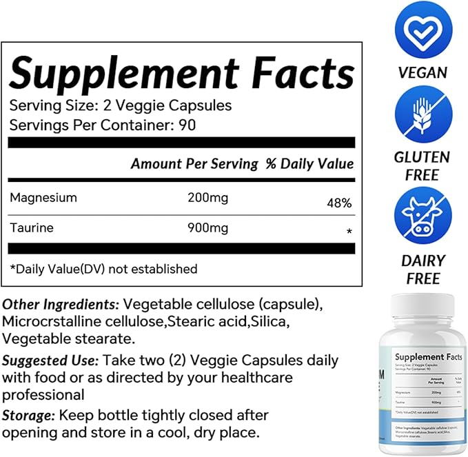 LIIFE Magnesium Taurate 1100mg -180 Vegetarian Capsules-200MG Elemental Magnesium Per Serving - Supports restful Sleep &amp Helps Maintain Healthy Muscle Function