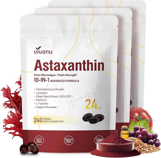 VivoNu Astaxanthin 24mg – Powerful Antioxidant Support for Skin Eyes &amp Immune System – 10-in-1 Formula with Lycopene Grape Seed Vitamin E &amp Zinc – Triple Strength 720 Softgels 3 Bag