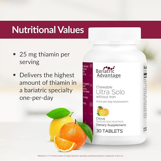 Bariatric Advantage Chewable Ultra Solo Without Iron - Once-Per-Day Daily Multivitamin - for Bariatric Surgery Patients - Thiamin Vitamin A &amp More - Gluten-Free - Citrus - 30 Count