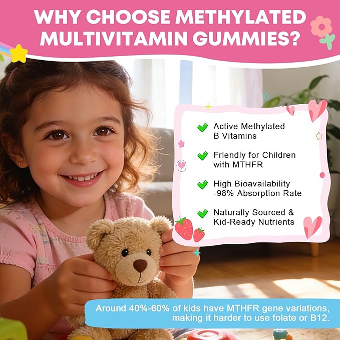 Kids Multivitamin Gummies with Omega-3 (Dha+Epa) Methylated B12 &amp Folate B6 B2 &amp Elderberry Vitamin D3 C A E Zinc Postbiotics Choline | for Brain Eye &amp Immune Clean Sugar Free