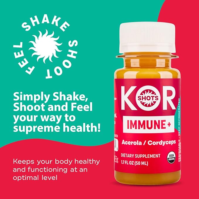 Kor Shot Acerola Ginger and Cordyceps Shot - 24 Pack x 1.7 Fl Oz - Immune Plus - Immune System Booster - 533% DV of Vitamin C - USDA Certified Organic - Dietary Supplement