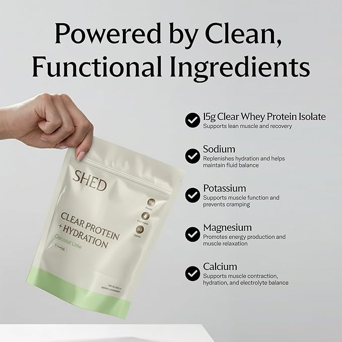 Clear Protein Powder with Electrolytes by Shed 15g Whey Protein Isolate Low Calorie and Lactose Free Light and Clean Hydration Drink Bloat-Free Post Workout Supplement Coconut Lime (15 Servings)