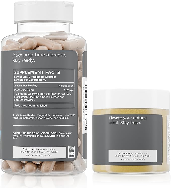 Pure for Men Stay Ready Fiber Supplement (120 Count) + Bum Balm Raw Lotion for Men