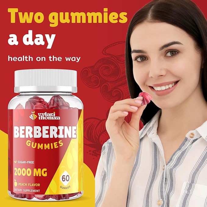 2000mg Berberine Supplement Gummies – High Potency Wellness Blend with Ceylon Cinnamon Turmeric Magnesium &amp Chromium Vegan Non-GMO Gluten-Free Peach Flavor 60 Gummies - 1 Pack