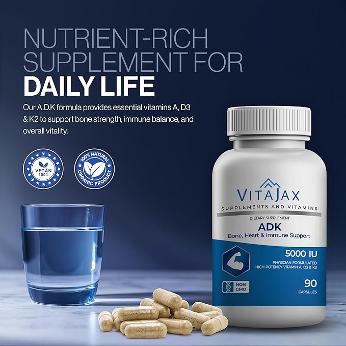 ADK - Vitamin ADK Supplement 90 Capsules - High Potency Vitamin A D3 (5000 IU) K2 as MK-7 for Bone Heart &amp Calcium Absorption – Non-GMO Gluten Free (3 Month Supply)