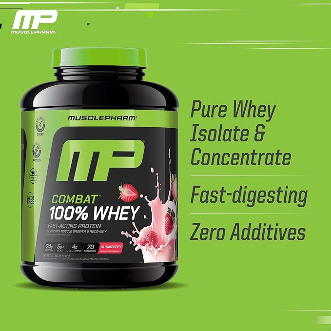 MusclePharm Combat 100% Whey Protein Powder Strawberry Cream Flavor Fast Recovery &amp Muscle Gain with Whey Protein Isolate High Protein Powder for Women &amp Men Gluten Free 5 lb 70 Servings
