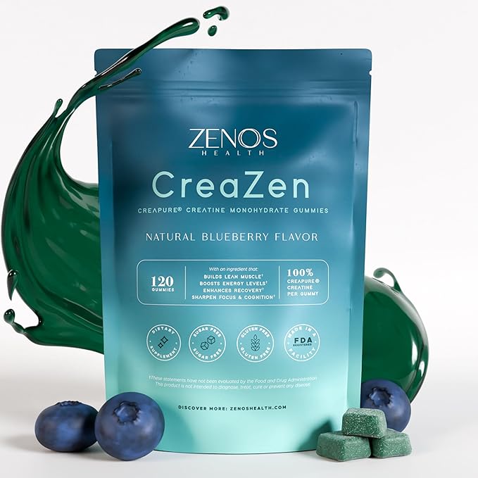 Zenos Health CreaZen - Creatine Monohydrate Gummies - Creatine Supplement for Muscle Growth Strength Recovery &amp ATP Boost Preworkout Supplements - Made in USA Blueberry Flavor - 120 Count