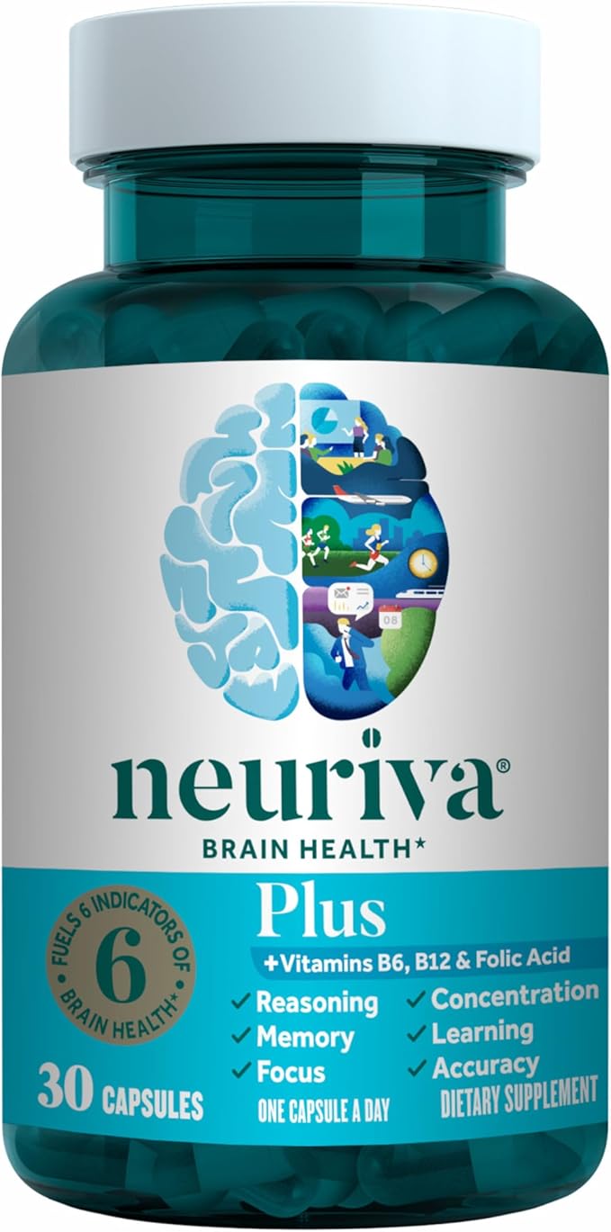 NEURIVA Plus Brain Supplement for Memory and Focus Clinically Tested Nootropics for Concentration for Mental Clarity Cognitive Enhancement Vitamins B6 B12 Phosphatidylserine 30 Capsules