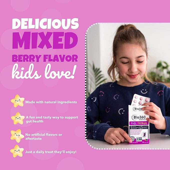 Bio360 Probiotics for Kids - 15 Strains &amp 5 Billion CFU Supports Brain Immune &amp Digestive Health - Kids Probiotic Chewable with Organic Prebiotics for Gut &amp Constipation Mixed Berry Flav