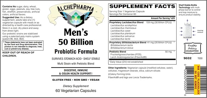 Men's 50 Billion Probiotic Formula (Proprietary Lactobacillus Bifidobacterium Blend) W/New Preservation Technology (30 Vcaps)