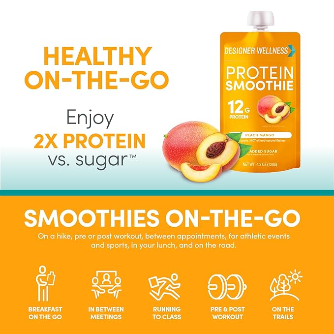 Designer Wellness Protein Smoothie Real Fruit 12g Protein Low Carb Zero Added Sugar Gluten-Free Non-GMO No Artificial Colors or Flavors Peach Mango 24 Count