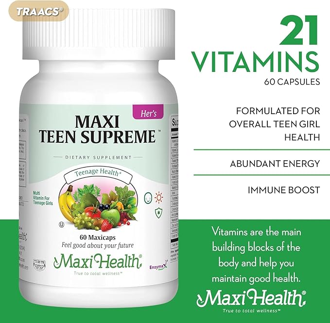 Maxi Health Teen Vitamins for Girls 12-17 + Women’s Daily Multivitamin Bundle with D3 Iron Calcium Biotin Digestive Enzymes &amp Essential Vitamins – Energy Immune Mood &amp Gut Health Support