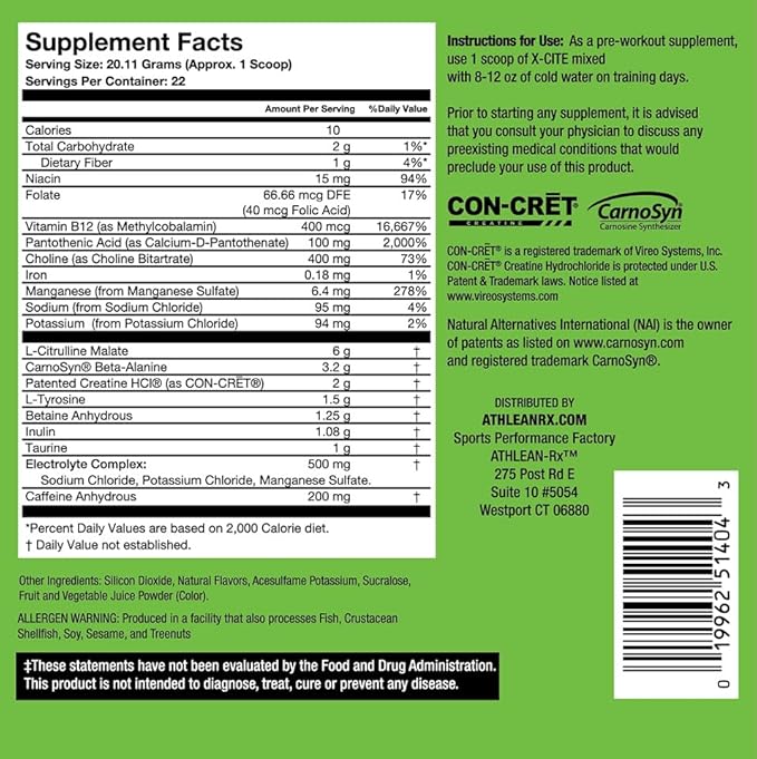 X-CITE Pre-Workout by ATHLEAN-X - Enhanced Formula with Beta-Alanine Creatine &amp Caffeine for Ultimate Energy Endurance Focus &amp Muscle Pump NSF Certified for Sports (Cherry Lemon Ice)