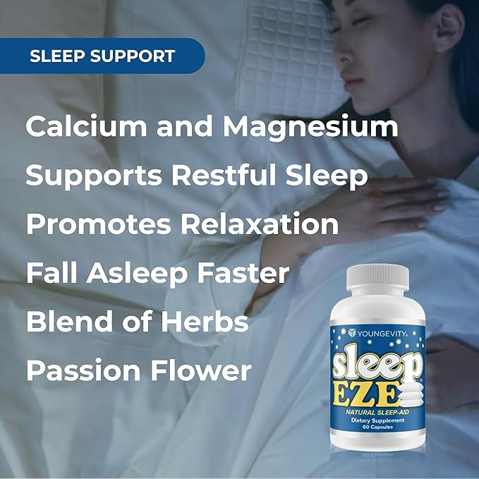 Youngevity Sleep Eze - Natural Sleep Support - Valerian Root Passion Flower 5-HTP Melatonin - Non-Habit Forming - Sleeping Support Supplement - (60 Capsules)