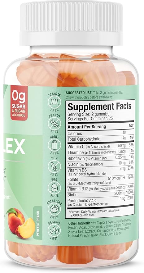 SUKU Vitamin B Complex Gummies with Vitamin C – Sugar Free Vegan 8 B Vitamins Complex Gummy Supplement Increases Cell Development Improves Metabolism &amp Collagen Formation Peach Flavour (50 Gummi