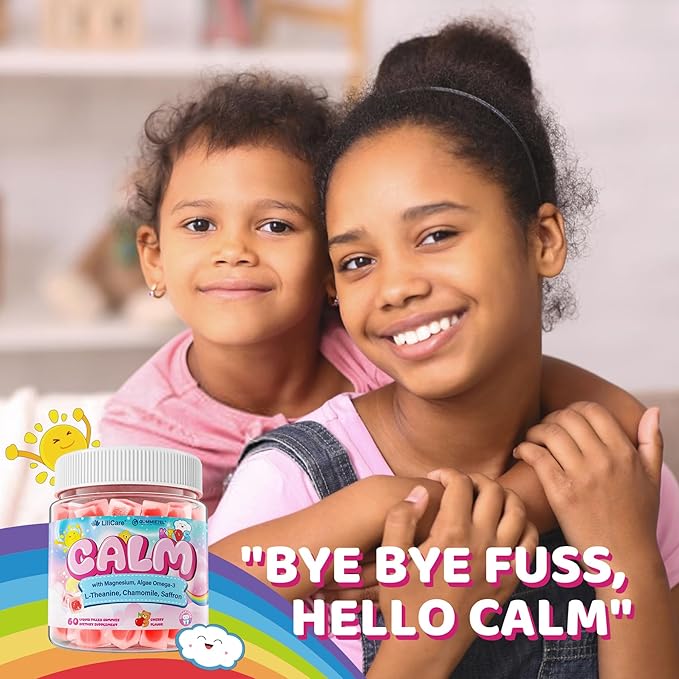 Kids Calm Magnesium Bisglycinate + Omega 3 Gummies High Absorption Magnesium Glycinate Supplement Gummy for Kids with L-Theanine Chamomile &amp Saffron Natural Calming Focus Gummies - Sugar Free