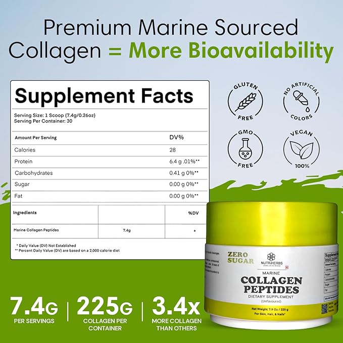 Nutriherbs Hydrolyzed Marine Collagen Peptides Powder | Type 1 Protein Supplement | Unflavored Dietary Supplement | Supports Skin Elasticity Joint Function Hair Growth &amp Healthy Nails | 30 Servi