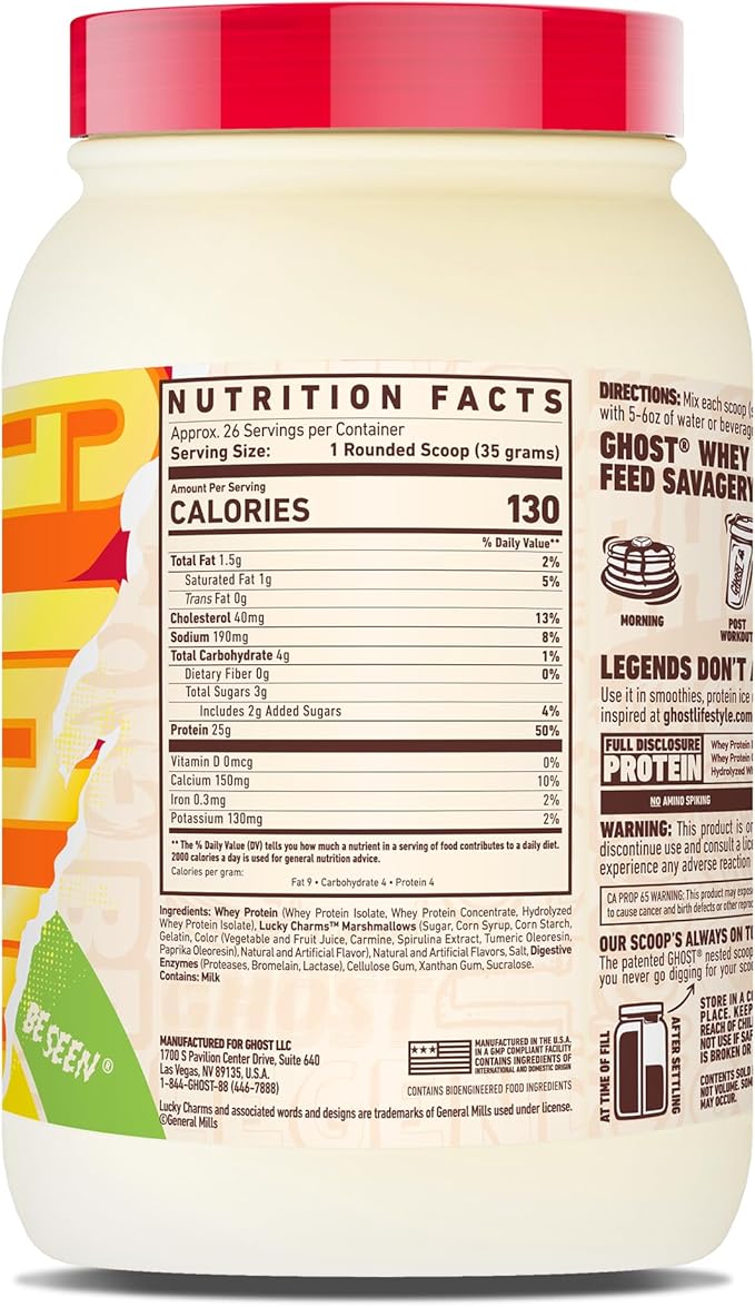 GHOST Whey Protein Powder Lucky Charms Cereal Milk - 2LB 25G of Protein - Whey Protein Isolate &amp Concentrate Blend - Post Workout Fitness &amp Nutrition Shakes Smoothies &amp Baking - Soy &am