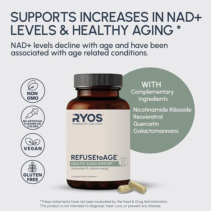 RYOS Nicotinamide Riboside NAD+ Supplement (500mg NR) with Resveratrol &amp Quercetin – Supports Healthy Aging &amp Cellular Energy – Pharmacist-Reviewed for Medication Awareness – REFUSEtoAGE- 60 C