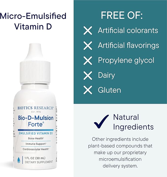 Biotics Research Bio-D-Mulsion Forte Liquid Vitamin D Drops 4000 IU – Vitamin D3 2000iu /Drop for Adults –Best Absorption Strengthens Bones Supports Cardiovascular &amp Immune System -1 fl oz